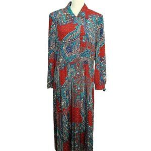 Leslie Fay Vintage Womens Dress 12 Blue Red Long Sleeve Pleated Skirt Paisley